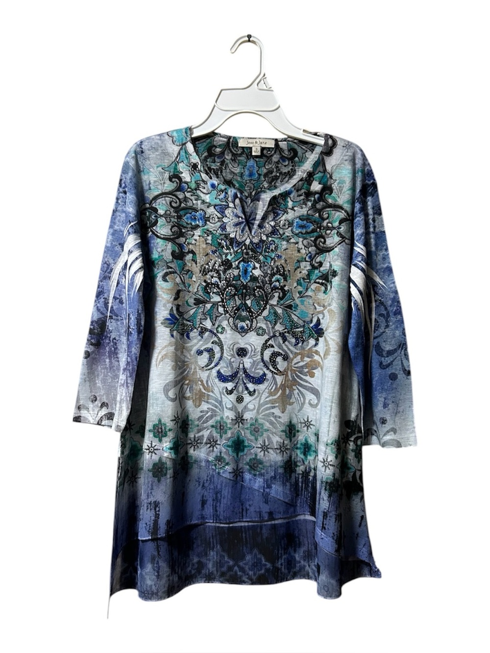 Jess & Jane Top Womens Small 3/4 Sleeve Artsy Lagenlook Tunic Asymmetric Hem